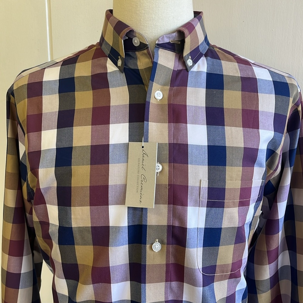 NWT Daniel Cremieux Signature Collection Plum, Blue, Tan, Bone Plaid Shirt Med